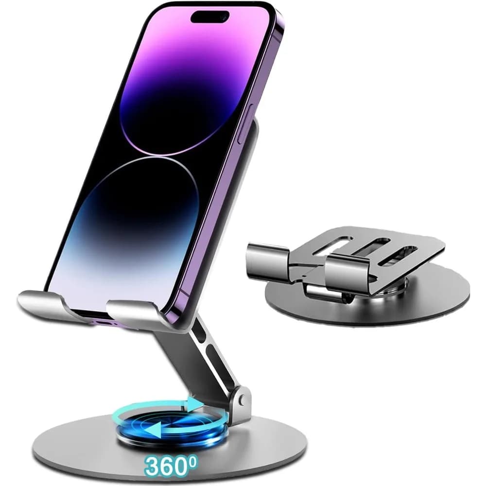360° Rotating Metal Phone Stand, Foldable Adjustable Cell Holder for Desk, Universal Mount for iPhone iPad Tablet Switch