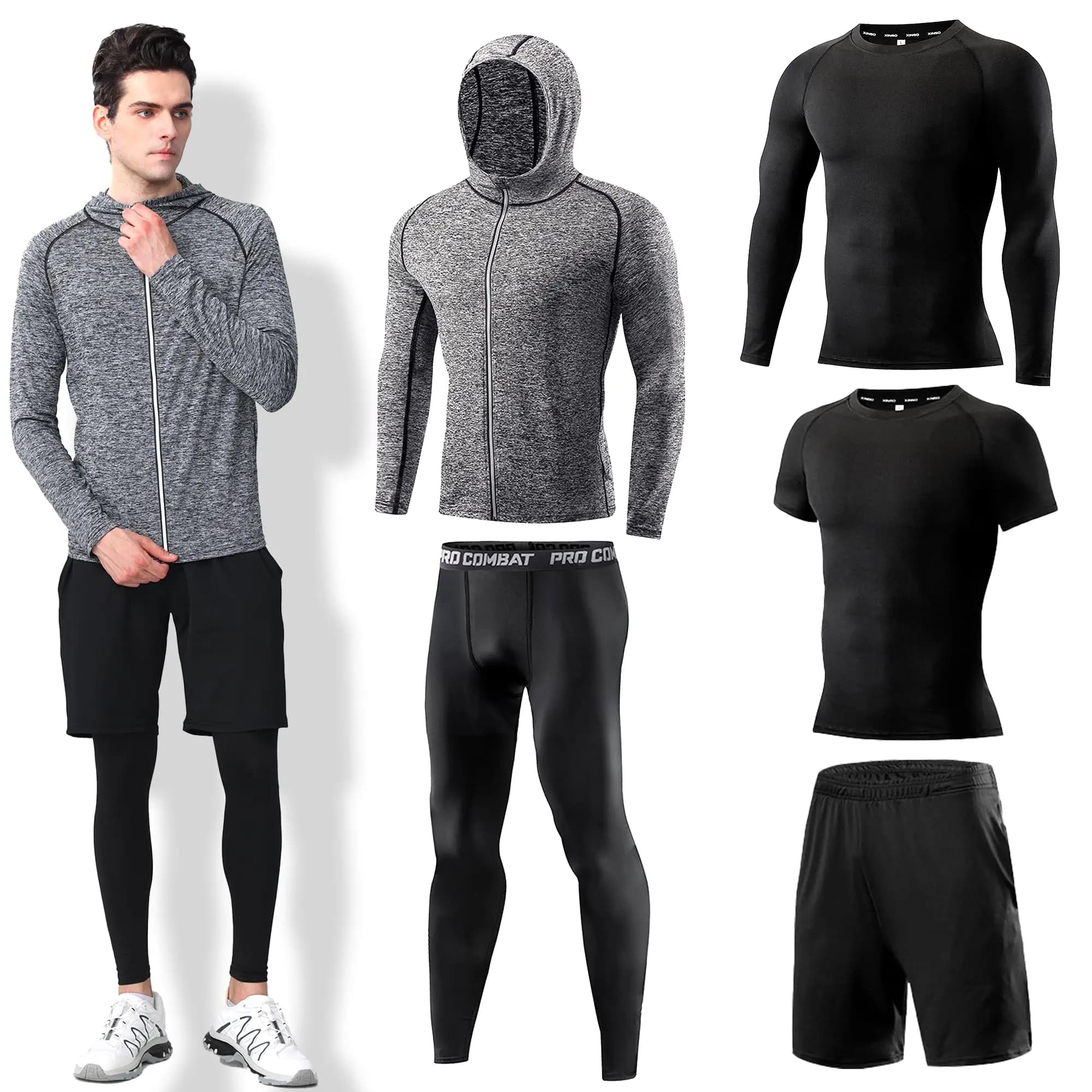 ZOROLA 5Pcs Men's Compression Sets Include Pants Shirt Top Long Sleeve Jacket Athletic Sets Gym Clothing Mens Workout