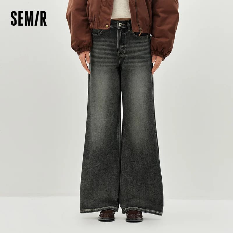 Semir Women Jeans Belted Fleece Lined Flared Loose Fit Distressed Wash 2026 Vintage HighWaist Streetwear Denim Pants