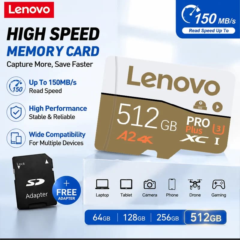 Lenovo SD Card 512GB Memory Card 256GB 128GB High Speed Micro Card SD Support 4K UHD Video TF Flash Card for Phone Laptop PC