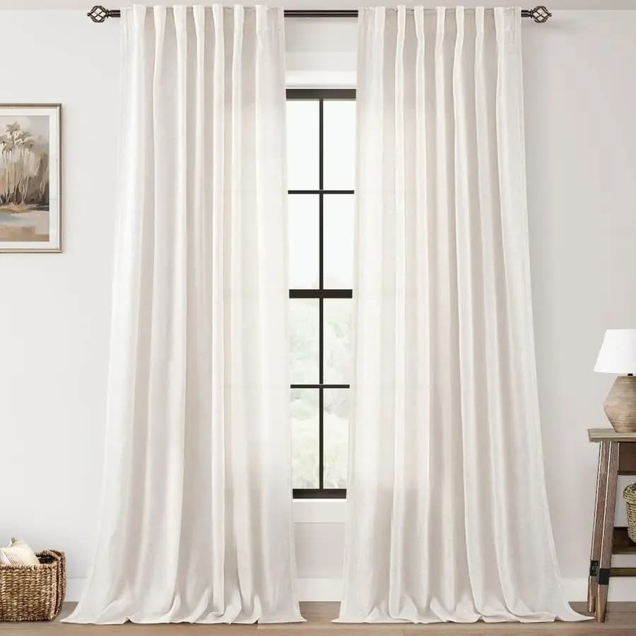Linen curtains, length 92 inches, set of 2 panels with loops, light filter, for living room, office, home, modern minimalist style.
