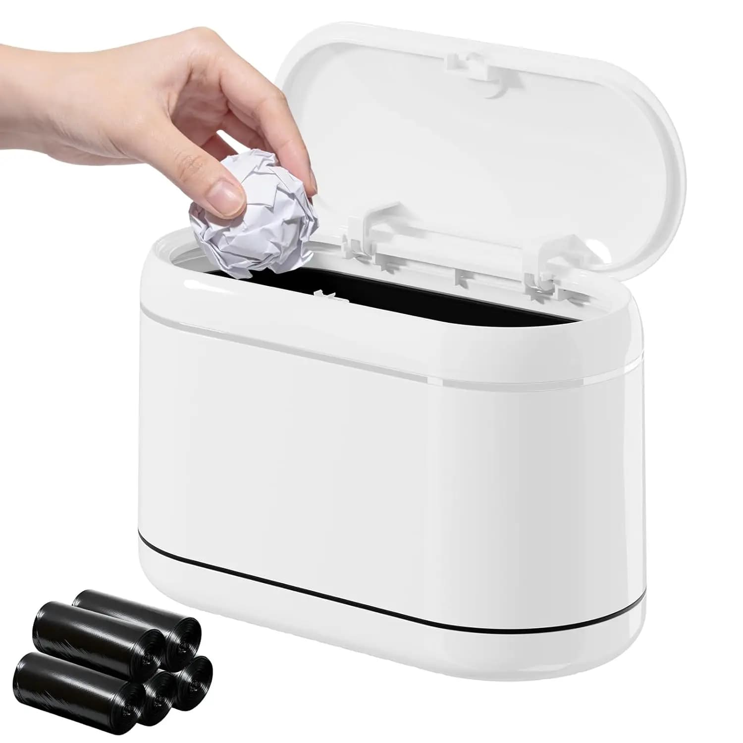 Mini Cestino per Rifiuti con Coperchio a Pressione e 5 Rotoli di Sacchetti, Piccolo Cestino Rimovibile per Scrivania, Piano di Lavoro, Camera da Letto, Cucina