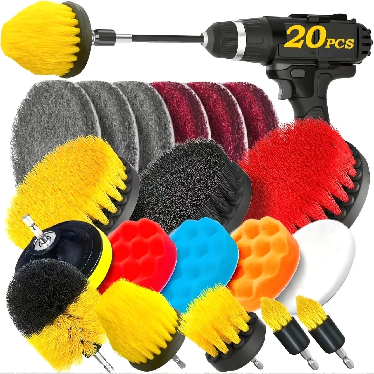 Set di 20 Spazzole per Trapano, Tamponi e Spugne per Pulizia, Tamponi Lucidanti, Spazzola Elettrica con Prolunga, Kit Tamponi per Lucidatura Auto, Accessori per Pulizia, Spazzole per Doccia, Spazzole per Rimozione Graffi