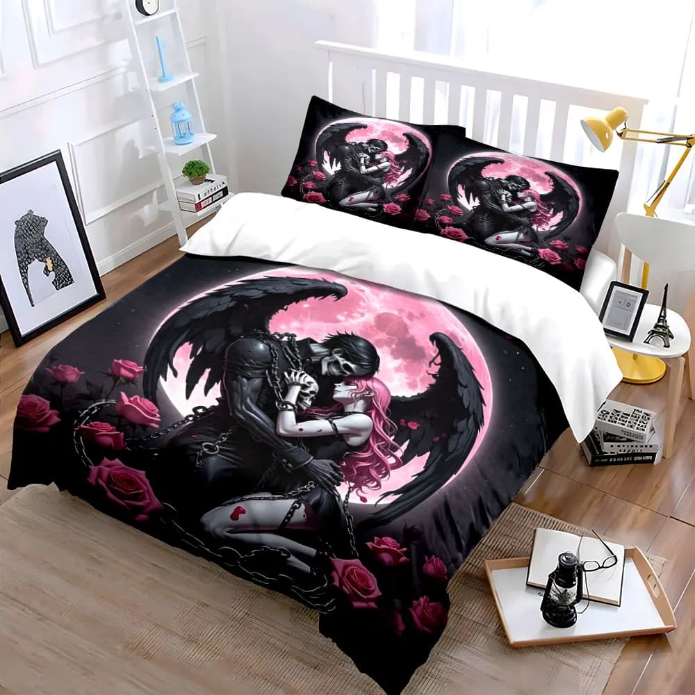 2026 Gothic Angel&Skeleton Couple Bedding Set 3PC Pink Moon Rose Print Duvet Cover Pillowcases Black Fantasy Style for Bedro