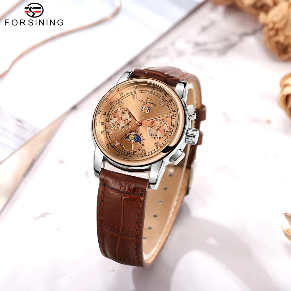 FORSINING Women's luxury wristwatch with automatic mechanical movement, woman's, with diamonds, moon phases, multifunctional woman's love gift