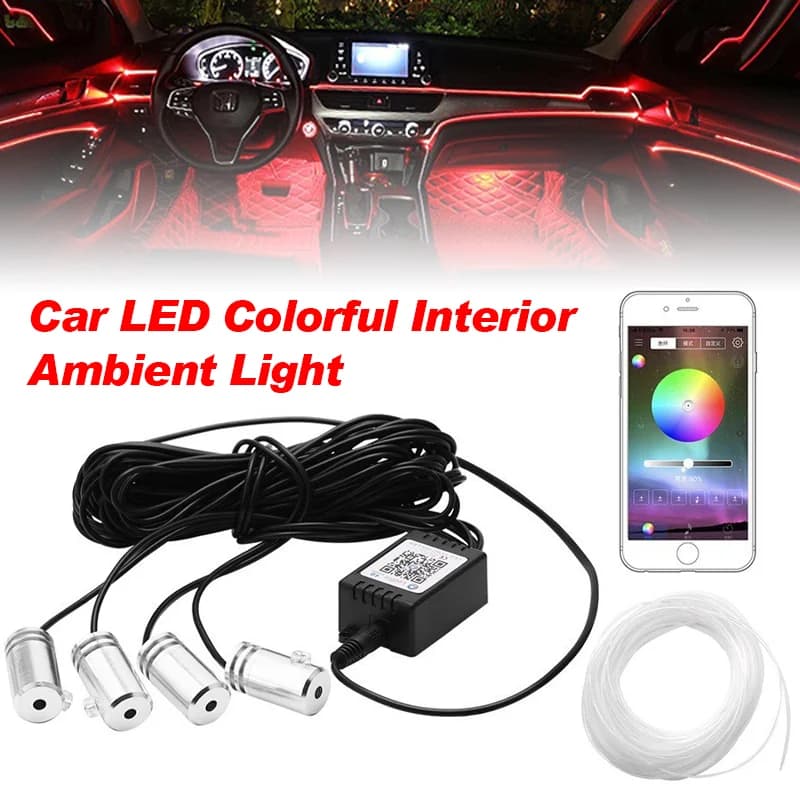 Car LED Interior Atmosphere Lights 6 In 1 RGB High Brightness Wireless Remote Music APP Control with USB/Vigarette Lighter