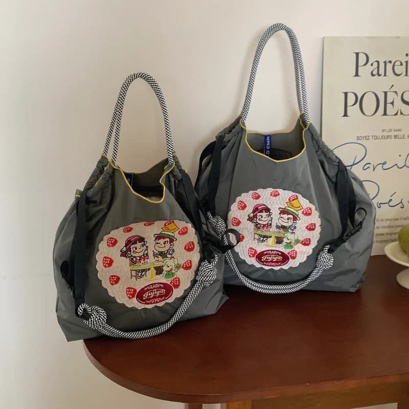 Japanese-Style Embroidered Shopping Bag, New Women's Shoulder Bag, Fashionable Handbag with Cute Patterns, Large Capacity, Foldable