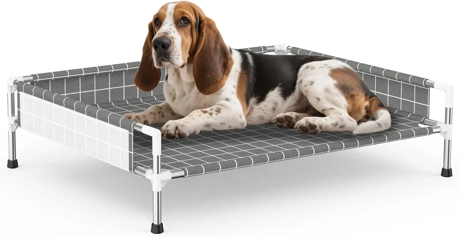Cuccia Rialzata per Cani con Recinzione a 3 Lati - Letto Rialzato per Animali Domestici con Piedini Antiscivolo, Divano Rialzato Resistente per Cani di Taglia Media, da Interno