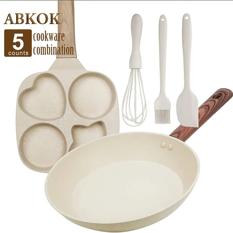 Set di pentole antiaderenti da 5 pezzi, include padella per uova, padella per pancake e utensili da cucina, beige