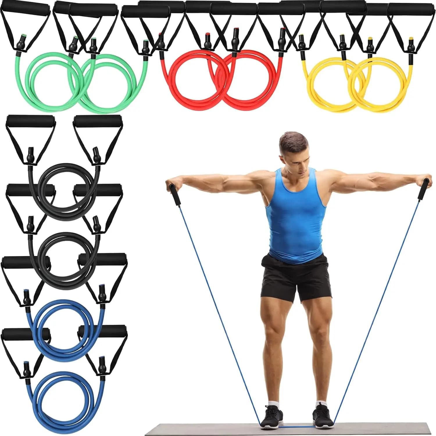 Set of 10 Bands of Resistance with Handles for Full Body Training, Yoga and Physiotherapy