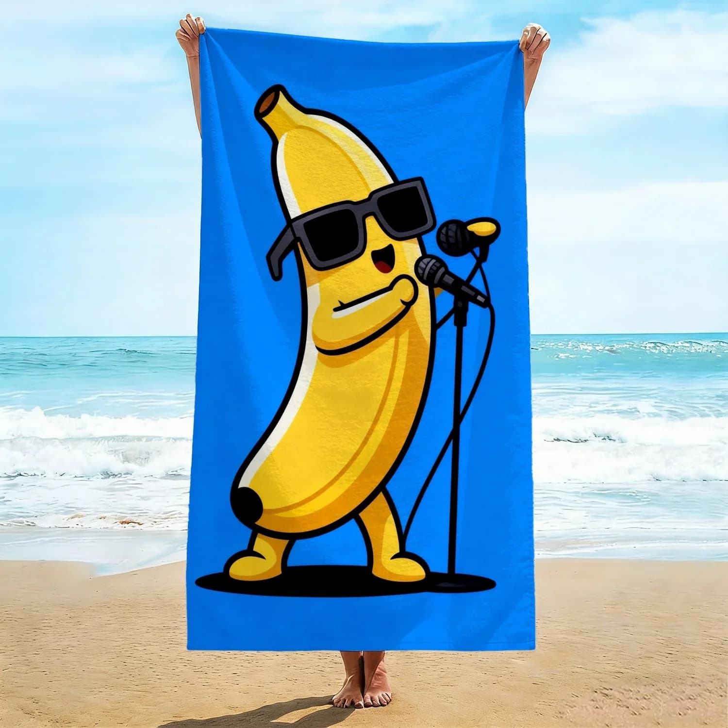 Telo Mare Blu Vibrante con Stampa Banana, Asciugamano da Bagno con Stampa Banana Karaoke con Occhiali da Sole e Microfono, Essenziale Estivo Divertente 1 pz