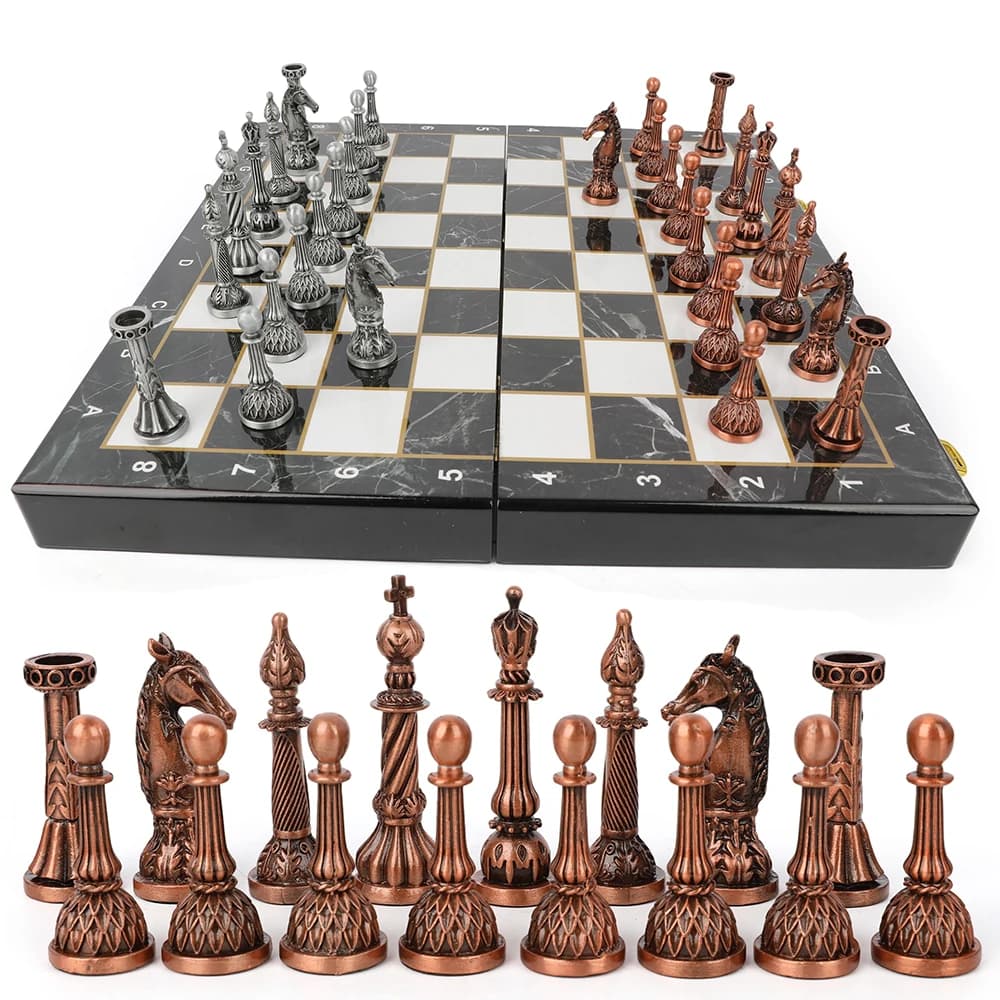 Chess Set - Marbling Folding Board with Metal Pieces, Portable Travel Set for Beginners & Professionals