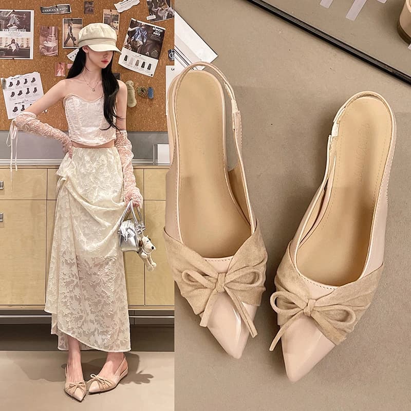 Women's Bow Knot Wrap Head Sandals New Summer Fashion Wide Pointed Toe Backless Slippers