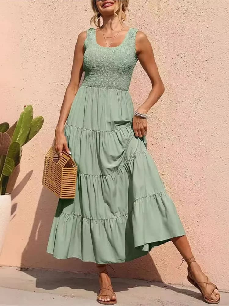 Abito lungo casual solido estivo Nuova moda O collo senza maniche Elegante ufficio Vacanza Abiti da festa in spiaggia Robe Femme Abbigliamento donna