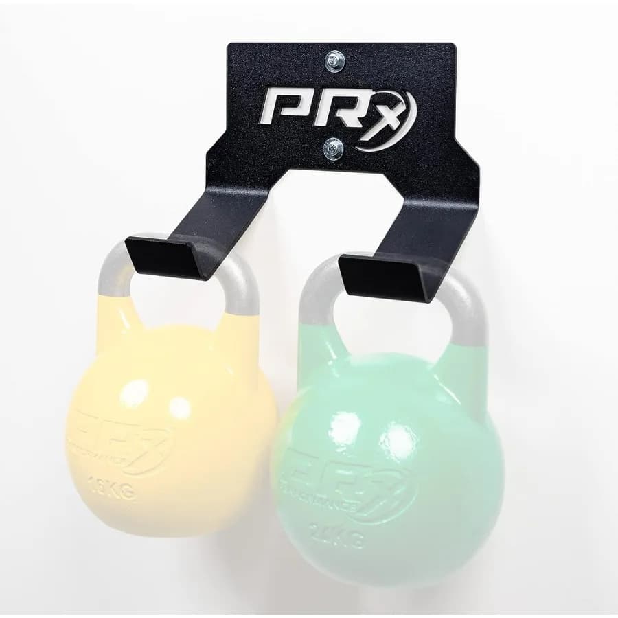 Double support for kettlebell, steel made in the United States wall mounted with 2 bells for kettle, home gym, space saving, hook for heavy fitness equipment