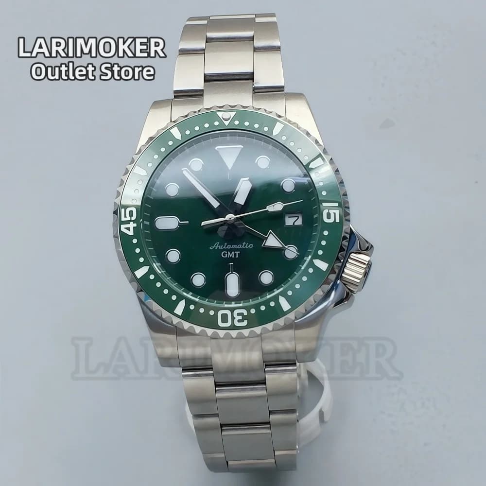 LARIMOKER 40.5MM GMT NH34 Orologio meccanico automatico da uomo Quadrante verde Data Cupola luminosa verde Orologio subacqueo in vetro zaffiro