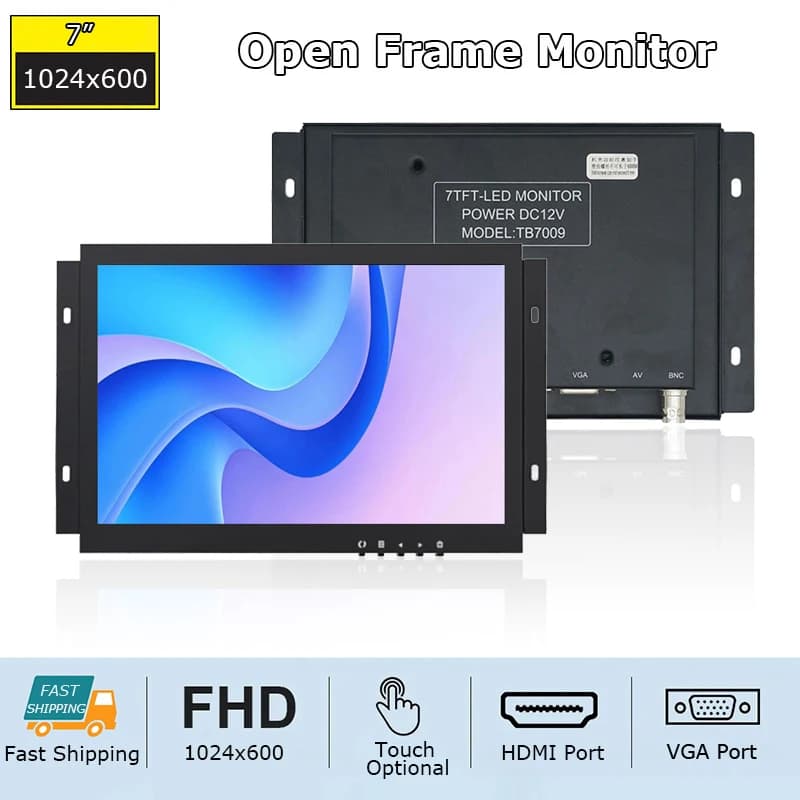 7 inches 1024x600 small economical open frame wall mounted touch monitor resistive/capacitive support Raspberry Pi with VGA HDMI