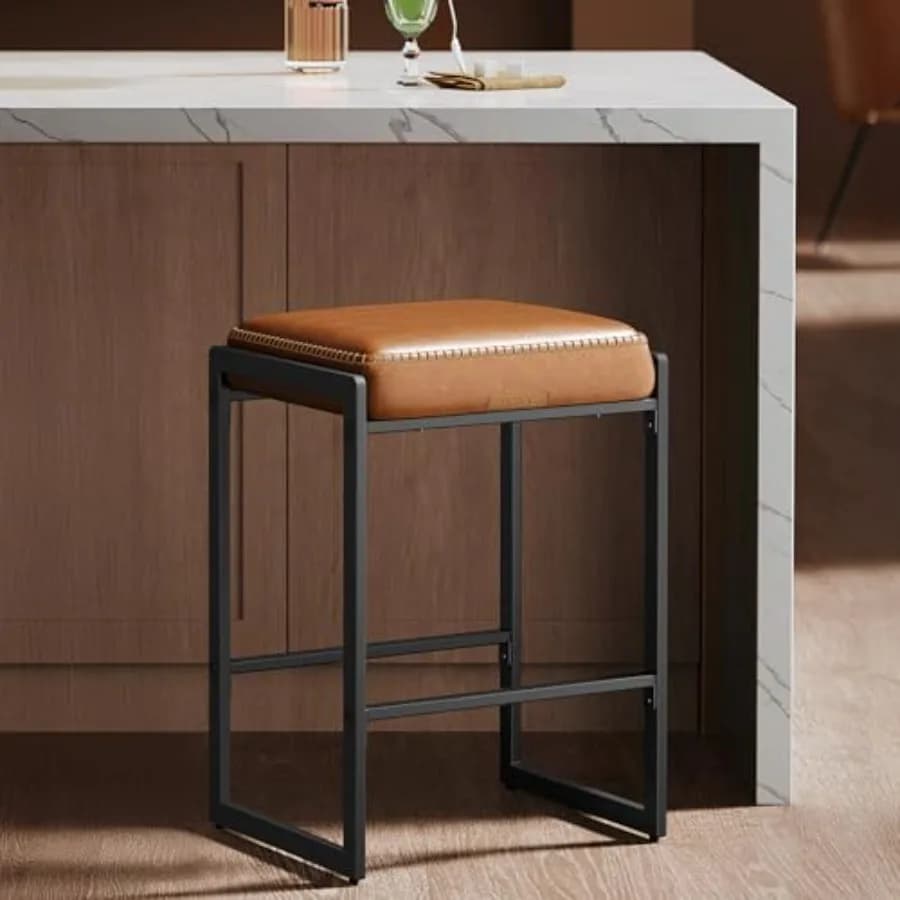 Collezione EKHO - Sgabello da Bar in Pelle Sintetica con Cuciture, Stile Mid-Century Modern, Altezza 26 Pollici