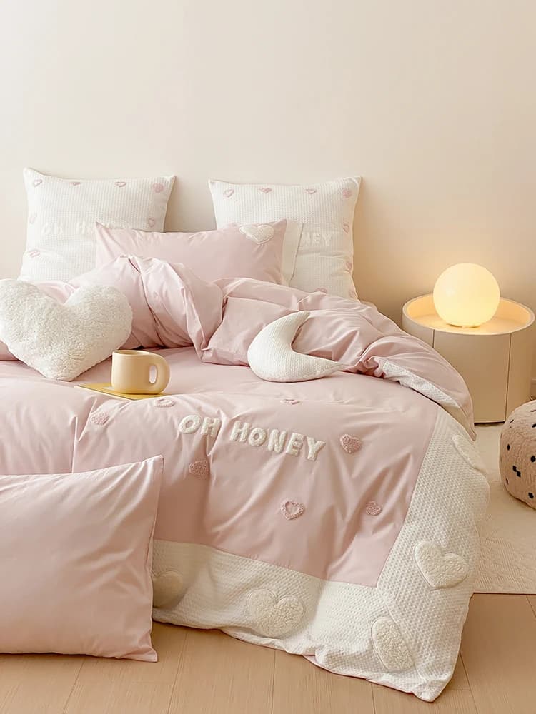 Thickened Pure Cotton Washed Flannel Four-Piece Bedding Set Princess Style Duvet Cover Bed Sheet Bedding Accessories Heart-...