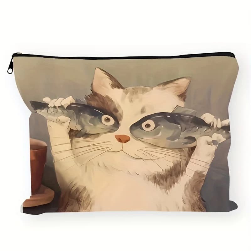 1 borsa per il trucco divertente con gatto e pesce - Pochette multifunzionale con cerniera per donna, perfetta borsa da viaggio con cerniera, divertente regalo di compleanno