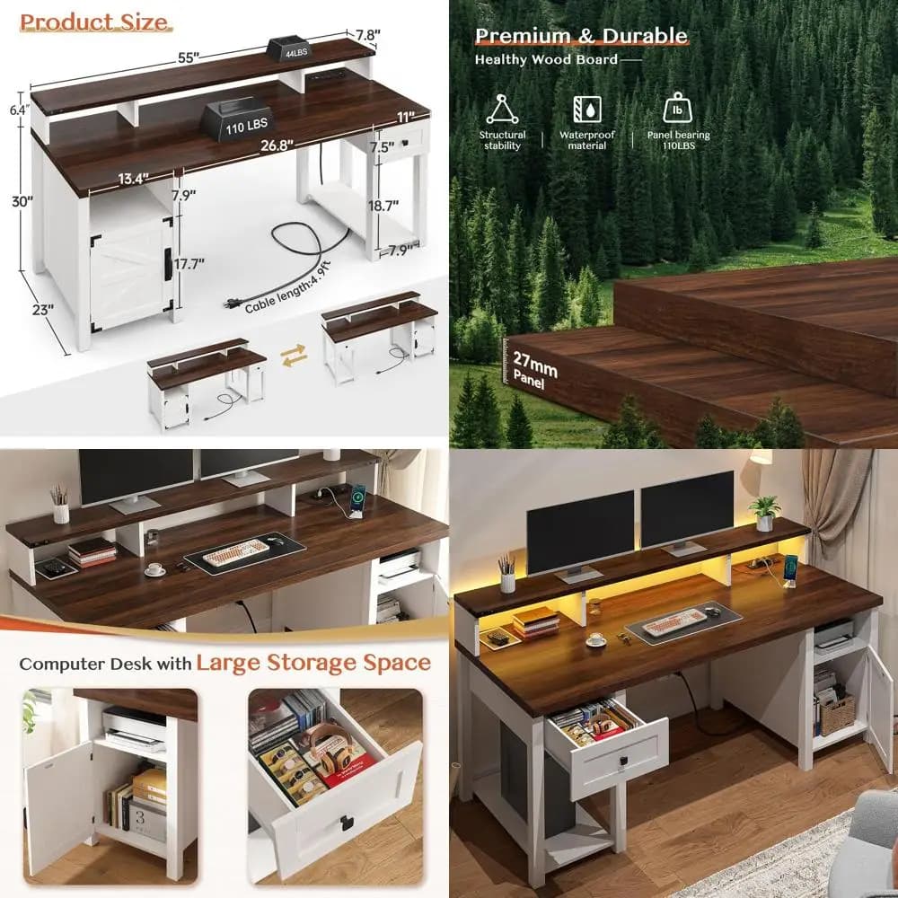 White Wood Desk with Storage Space, Monitor Support, Current Printer and Prese Area for Home Office, Studio and Gaming