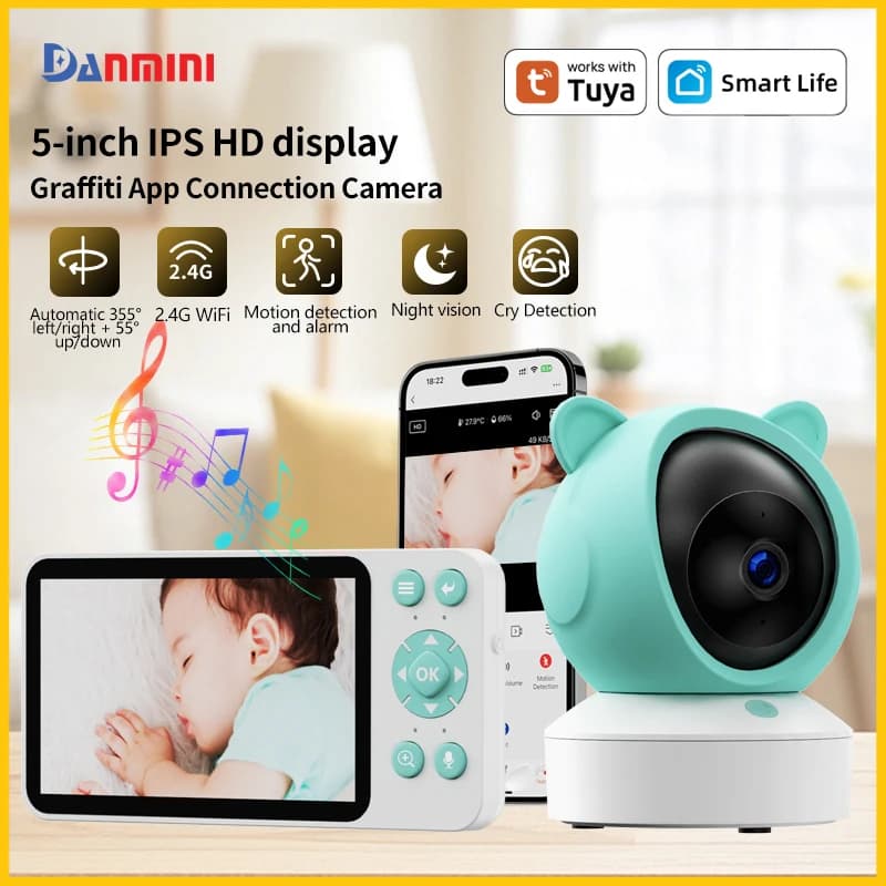 DANMINI Children Monitor with IPS Display 5 Inch HD, WiFi 2K Tuya Smart Camera, Remote Control via Mobile App, Monitor Nanny with Gimbal