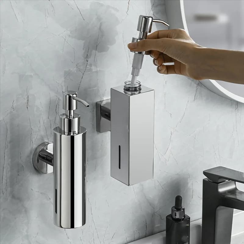 Dispenser di Sapone Manuale a Parete in Acciaio Inox - Design Quadrato e Rotondo per Hotel, Cucina, Bagno