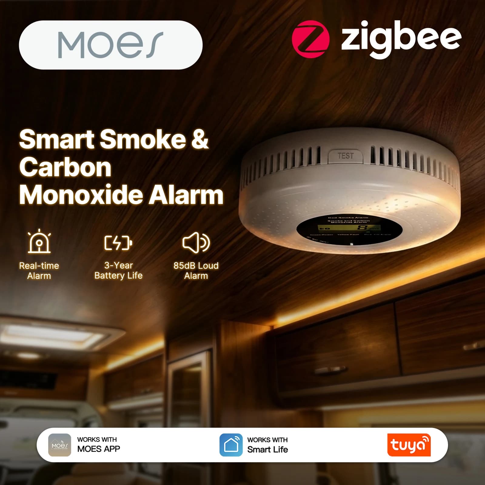 MOES Tuya Zigbee Rilevatore Intelligente di Fumo e Monossido di Carbonio con Allarme Sonoro 85dB, Sensore CO, Rilevatore di Fughe di Gas, Monitoraggio Remoto tramite APP per la Sicurezza Domestica