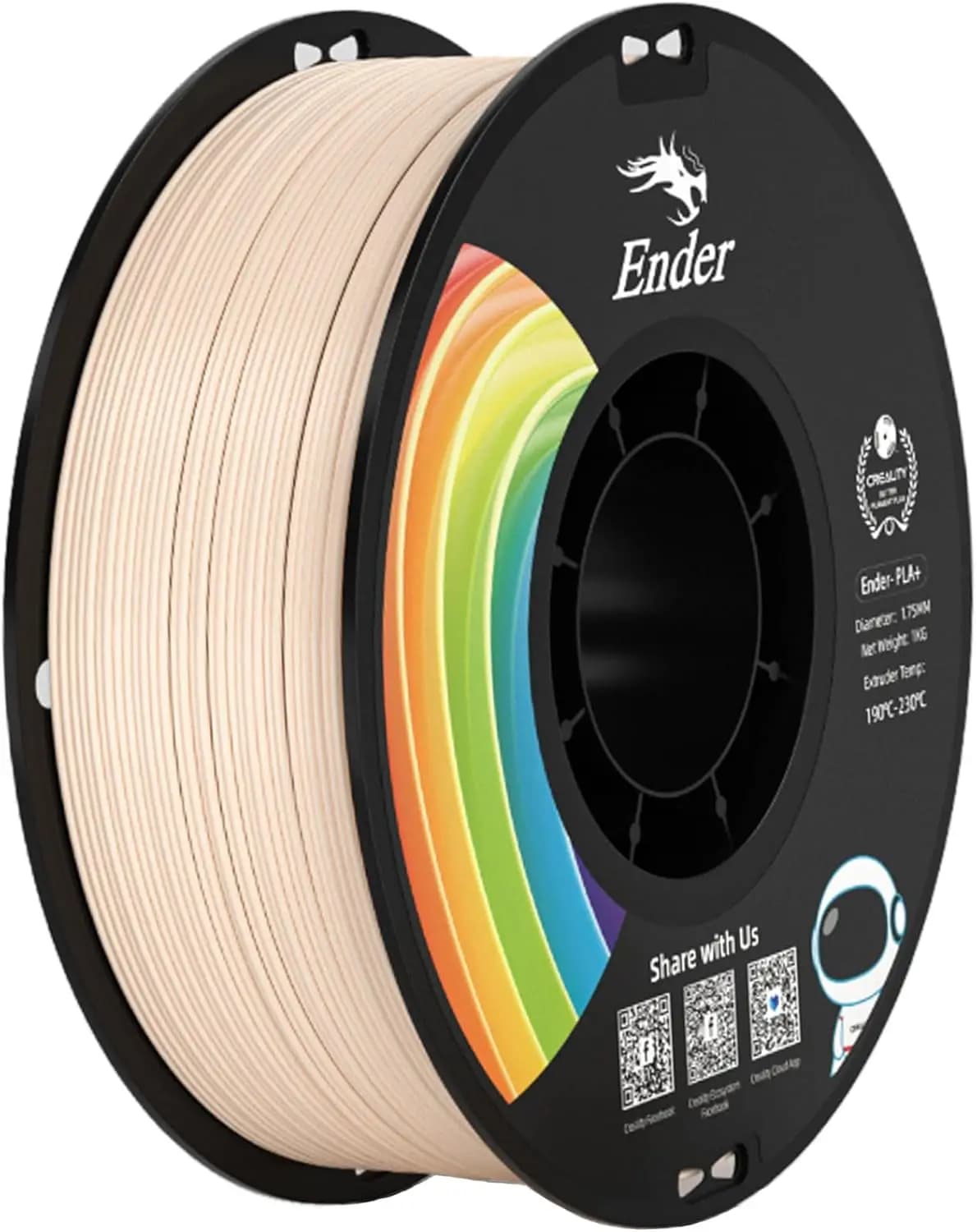1.75mm PLA+ 3D Printer Filament, Strong Toughness, No-Tangling, Vacuum Sealed, 1kg Spool, Accuracy +/-0.02mm, Beige