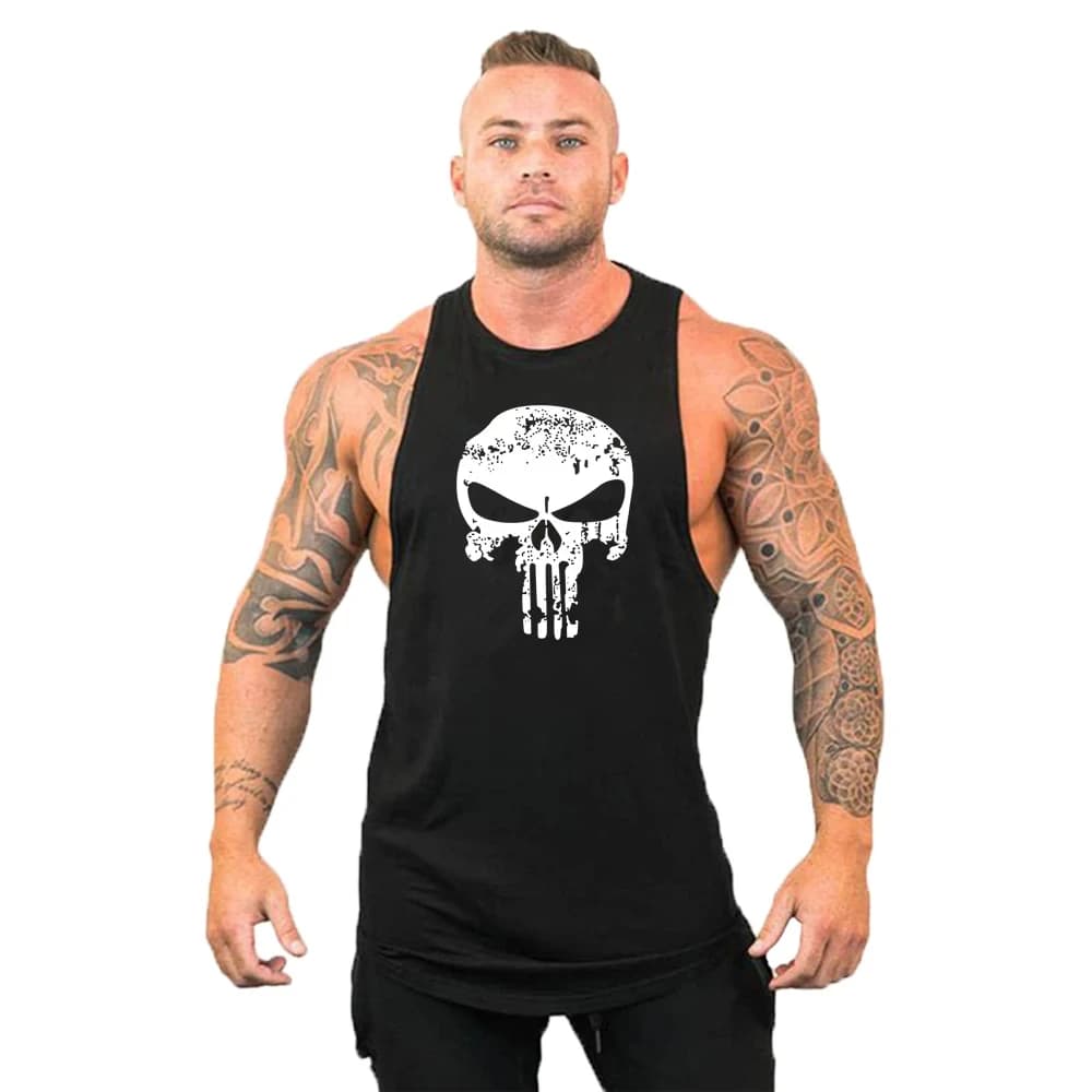 Nuove canotte da corsa stampate con teschio Palestra Fitness T-shirt senza maniche traspirante in cotone Abbigliamento da allenamento allentato per bodybuilding da uomo