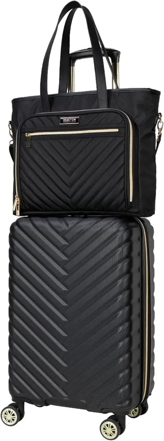 Set di Valigie Espandibili con Ruote, Design Chevron Leggero e Rigido, Nero, 2 Pezzi: Bagaglio a Mano e Borsa da Viaggio