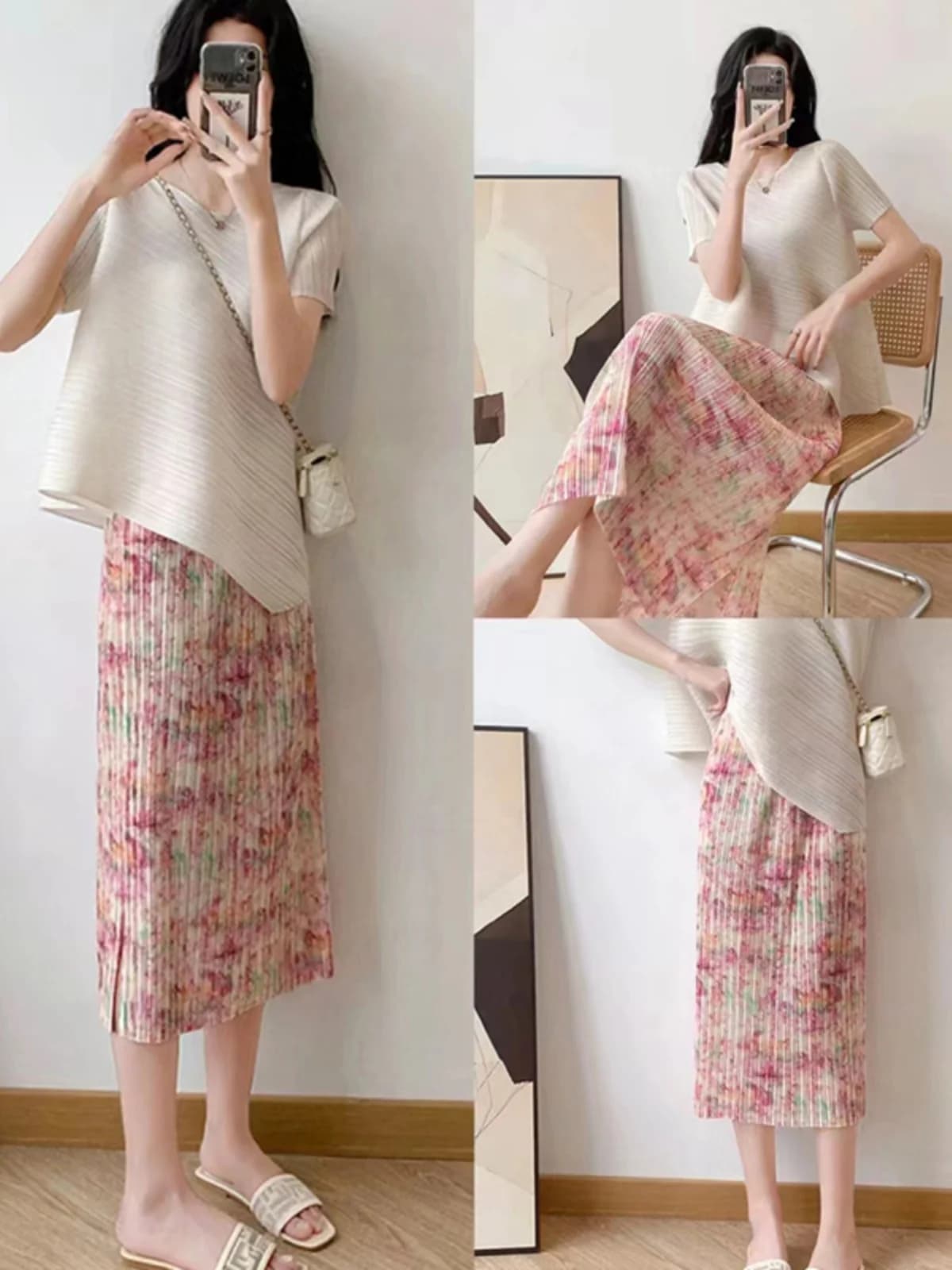 Casual Loose Pure Color Summer Outfit with Half Skirt Set Three Houses Style Floral Print round Neck Short Sleeve Silk Top