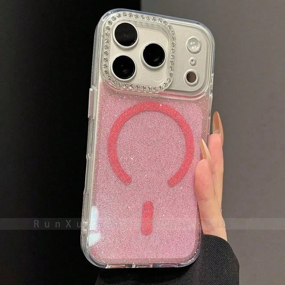 Custodia magnetica antiurto con strass scintillanti compatibile con Magsafe e serie iPhone 17 ProMax/16/15/14/13.