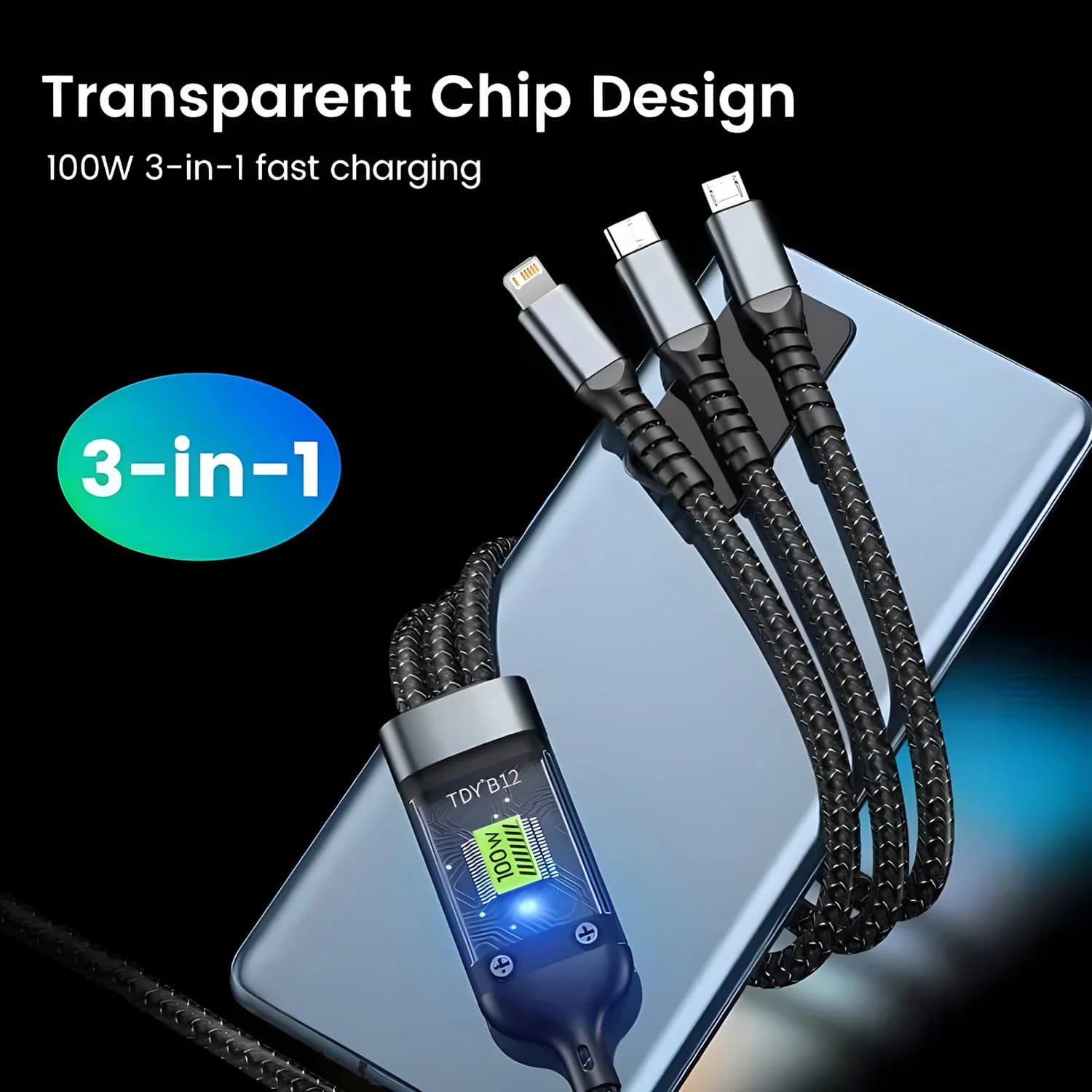 USB cable 3 in 1 micro USB cable type C 100 W fast charging cable for iPhone 15 14 Samsung S23 Xiaomi Huawei Nylon cable