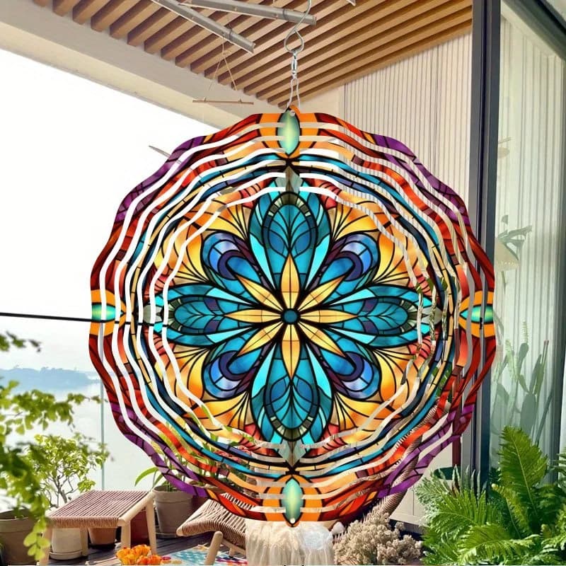 2D Flat Bohemian Mandala Stained Glass Wind Chime - 10 Inch Metal Garden Decor for Patio Indoor Outdoor Christmas Gift