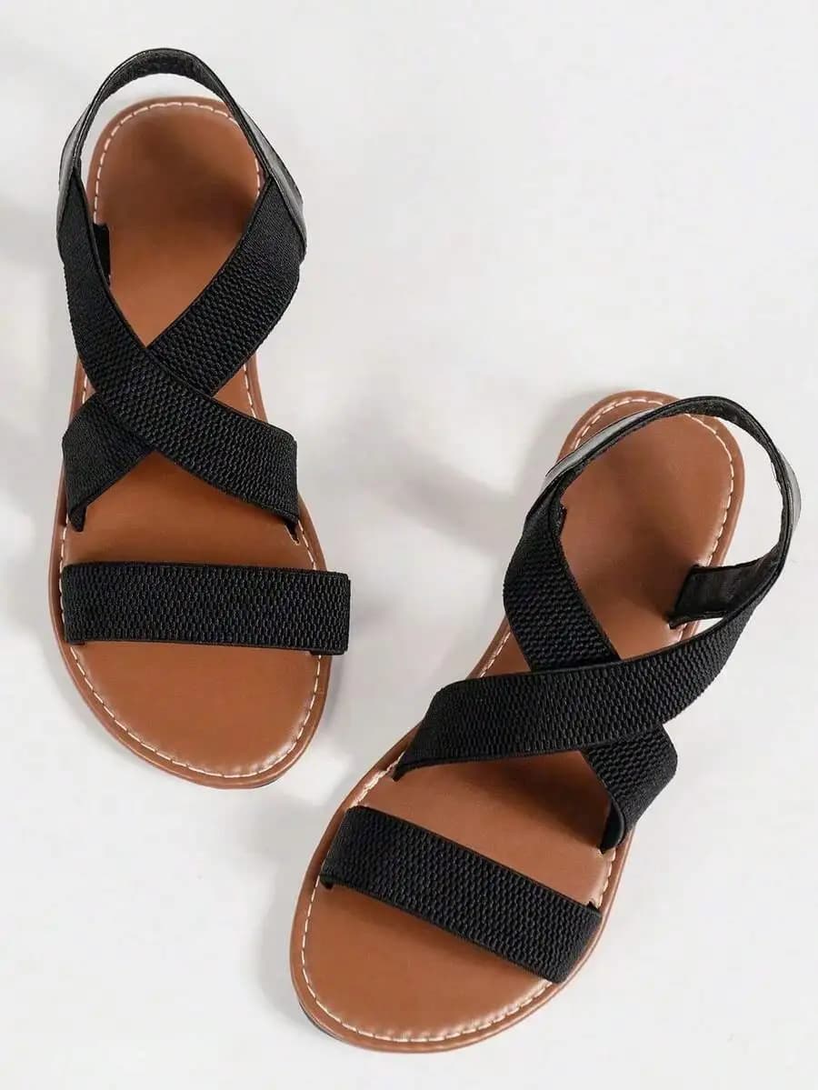 Womens Black Cross Strap Sandals Casual Comfort Flat Shoes For Daily Wear