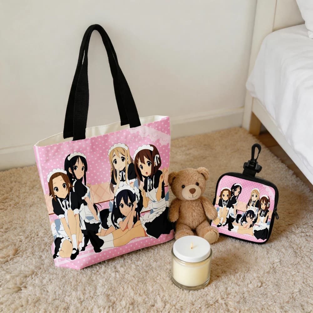 K-ON! Anime Maid Outfit Print Tote Bag with Matching Coin Purse - Reusable Shopping Bag Portable Pouch Set for Anime Fans