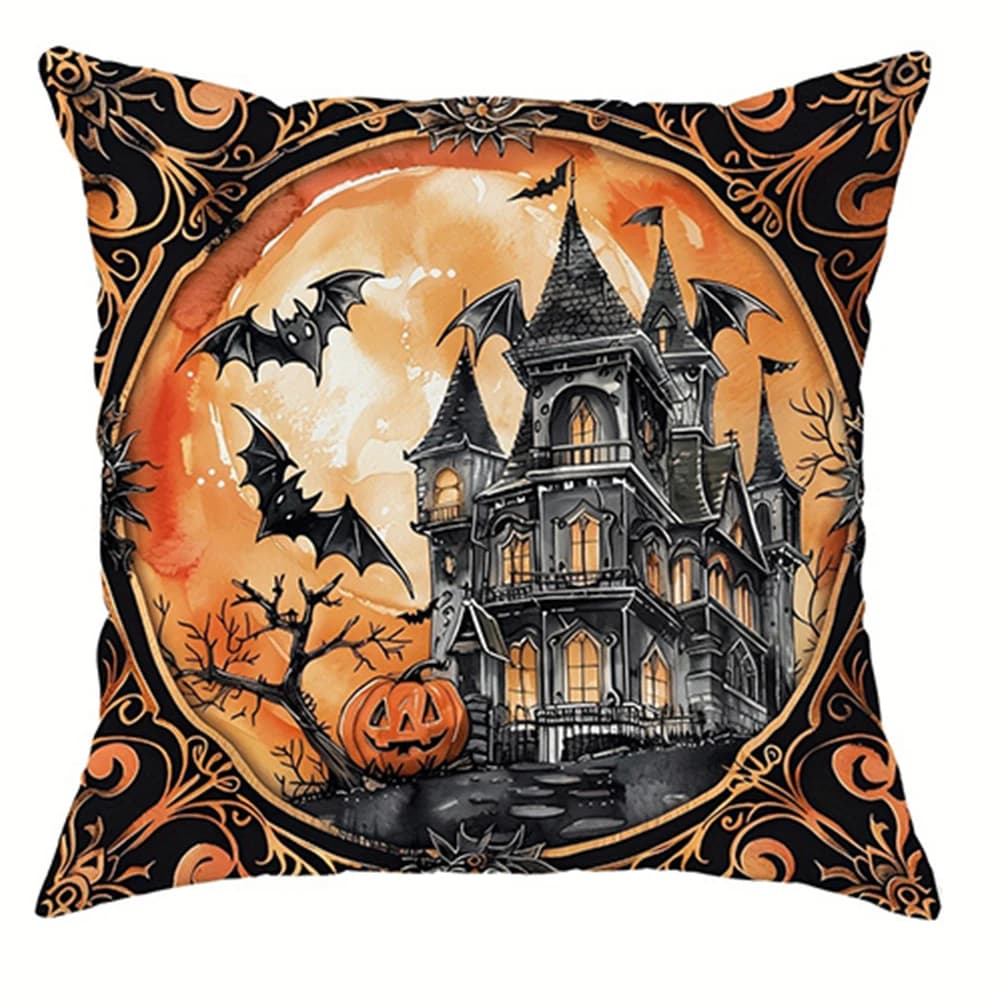 Federa decorativa di Halloween, modello di castello di gatto zucca strega, adatta per la fodera per cuscino del divano del soggiorno della stanza di casa
