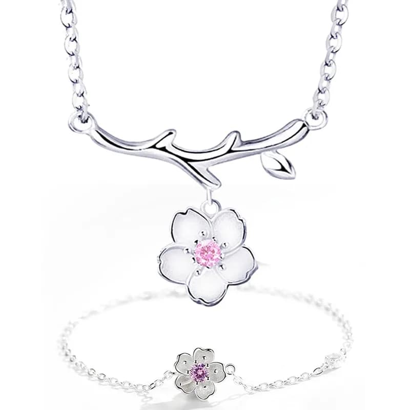 Women's Lovely Fashion Sakura Pink Crystal White Round Neckline Chain Women's Fashion Necklace Jewelry Gift