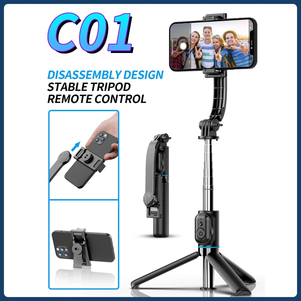 C01 Treppiede per selfie stick da 1 m con supporto per telefono da tavolo staccabile remoto wireless Bluetooth per telefono cellulare Samsung Xiaomi IPhone
