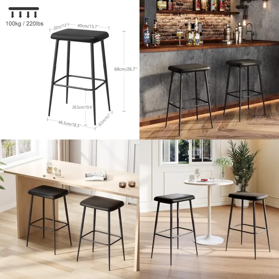 Bar Stools Set of 2, Counter Height Bar Stools, Industrial Modern Barstools with PU Leather Cushion, Metal Frame Bar Chairs wit