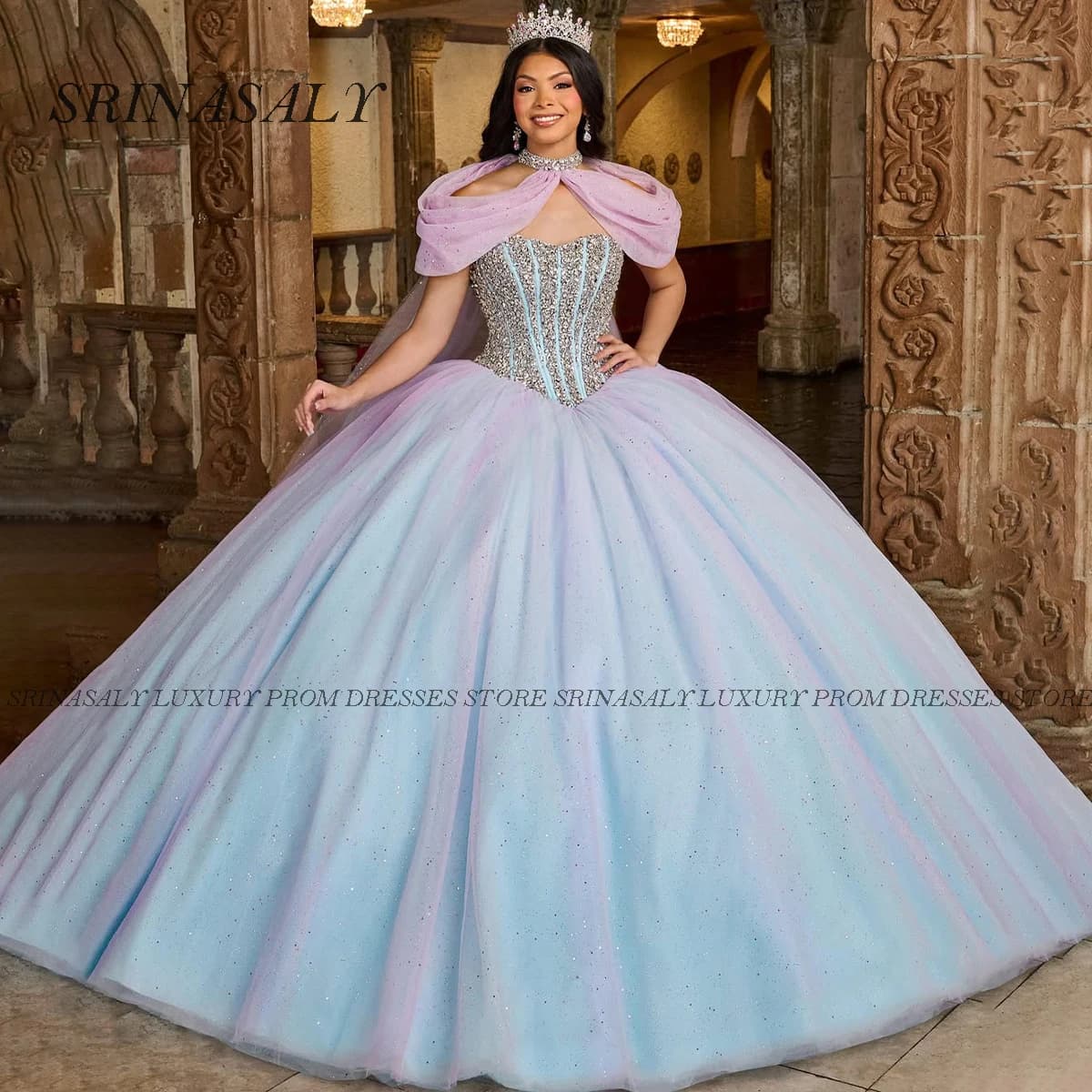 Abito Quinceanera personalizzato Abito da ballo Spaghetti Applique in pizzo Cristalli Perline Dolce 16 di spalla Abiti da 15 anni