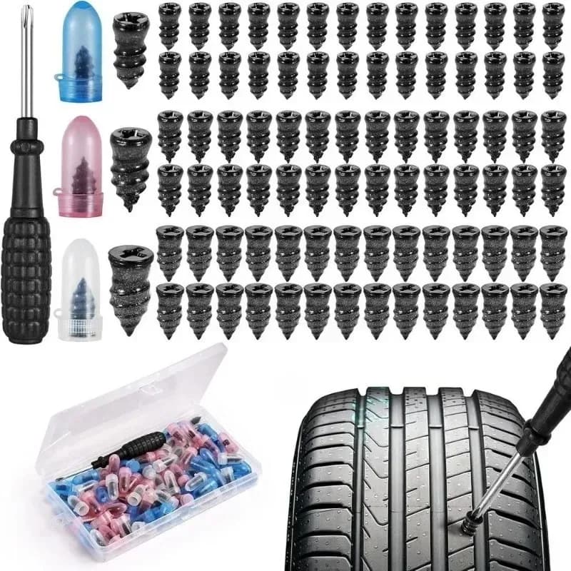 Kit Riparazione Pneumatici Auto e Moto: Chiodi per Riparazione Gomme, Patch in Gomma, Viti e Attrezzi con Scatola