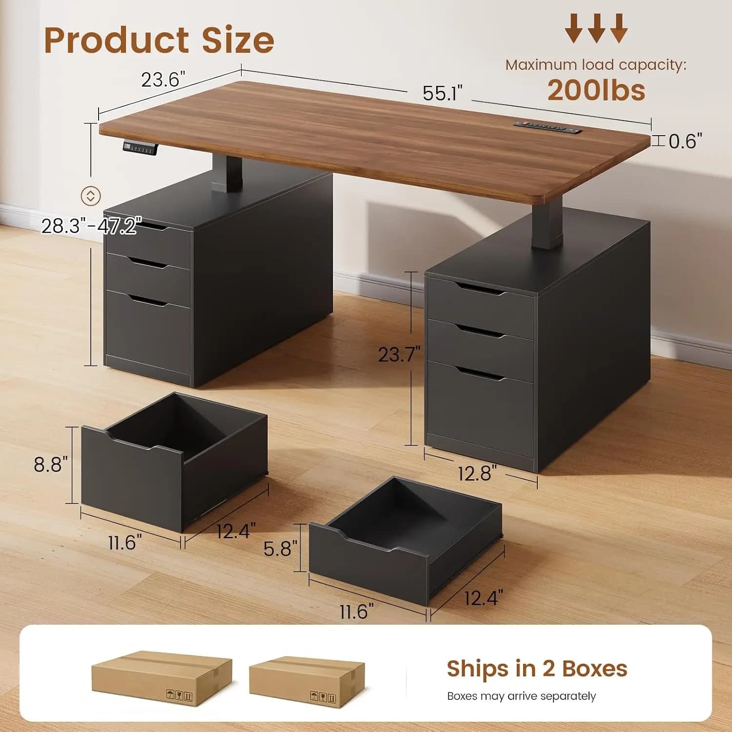 Electric Standing Desk 6 Drawers 55" Adjustable Height Computer Desk Power Outlets Storage Home Office Black, Customized