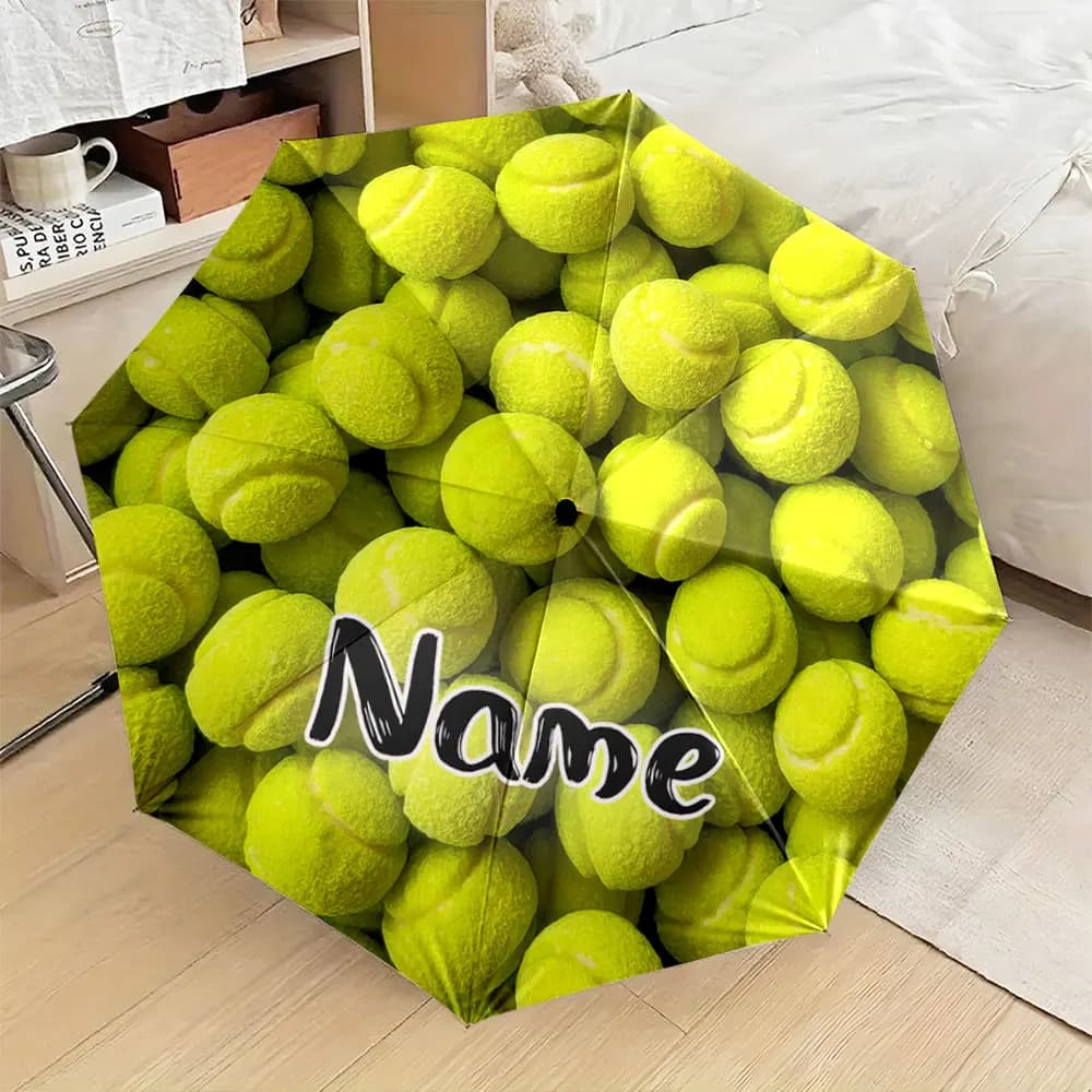 Custom Name Umbrella, "Bright Yellow Tennis Ball Pattern Umbrella for Sports Fans" Folding Umbrella for Sunny and Rainy,Gift
