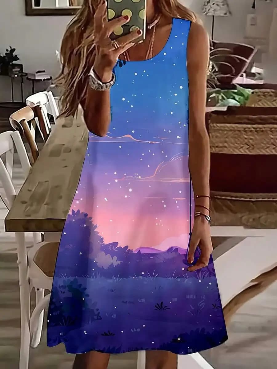 Women Sleeveless Starry Night Sky Print Summer Casual Dress For Party