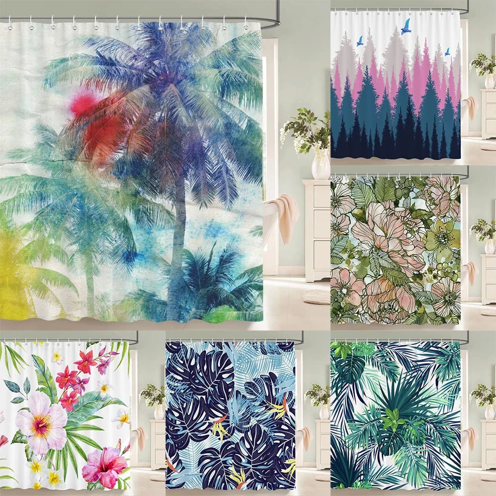 Tenda da bagno con motivo foglie di albero Tende da doccia in tessuto impermeabile Fiori Schermo per vasca da bagno con ganci per la decorazione della casa del bagno