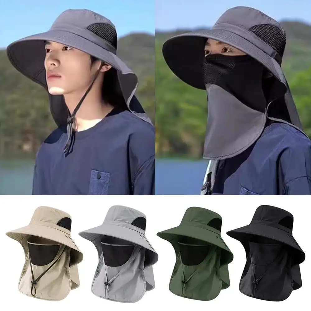Cappello da sole con copertura per il viso Uomo Donna Pesca Caccia Cappello da trekking Protezione UV Tesa larga con maschera Cappello da pesca regolabile antivento