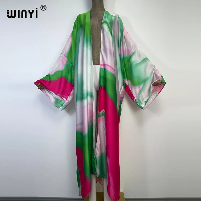 WINYI 2022 Autumn Colorful Print Beach Wear Swimwear Elegant Africa Women Boho Cardigan Sexy Holiday Kimono Long Sleeve
