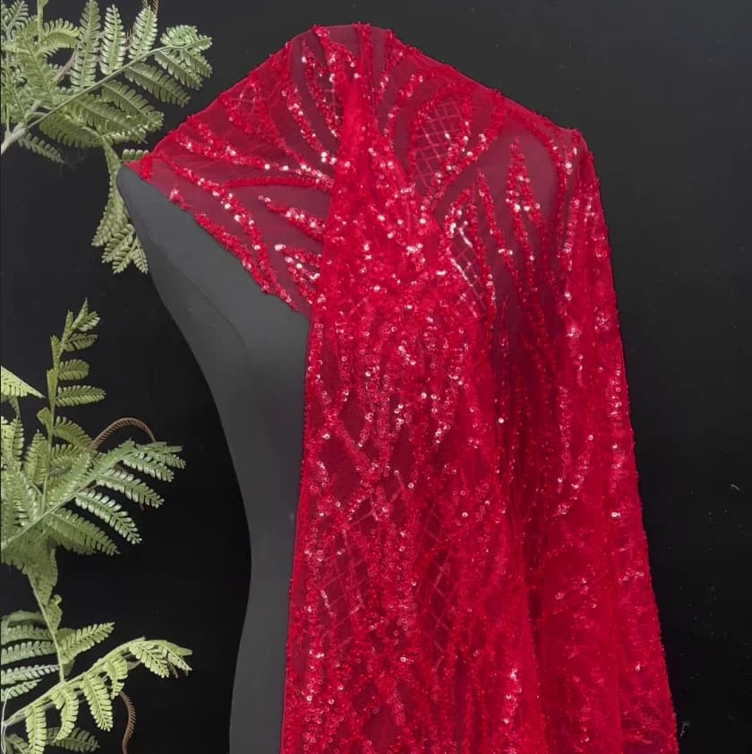 2 Yds/lot 130cm Bright Red Sequin Mesh Fabric with Beaded Embroidery for Wedding Gowns Dresses & Stage Costumes DIY F059